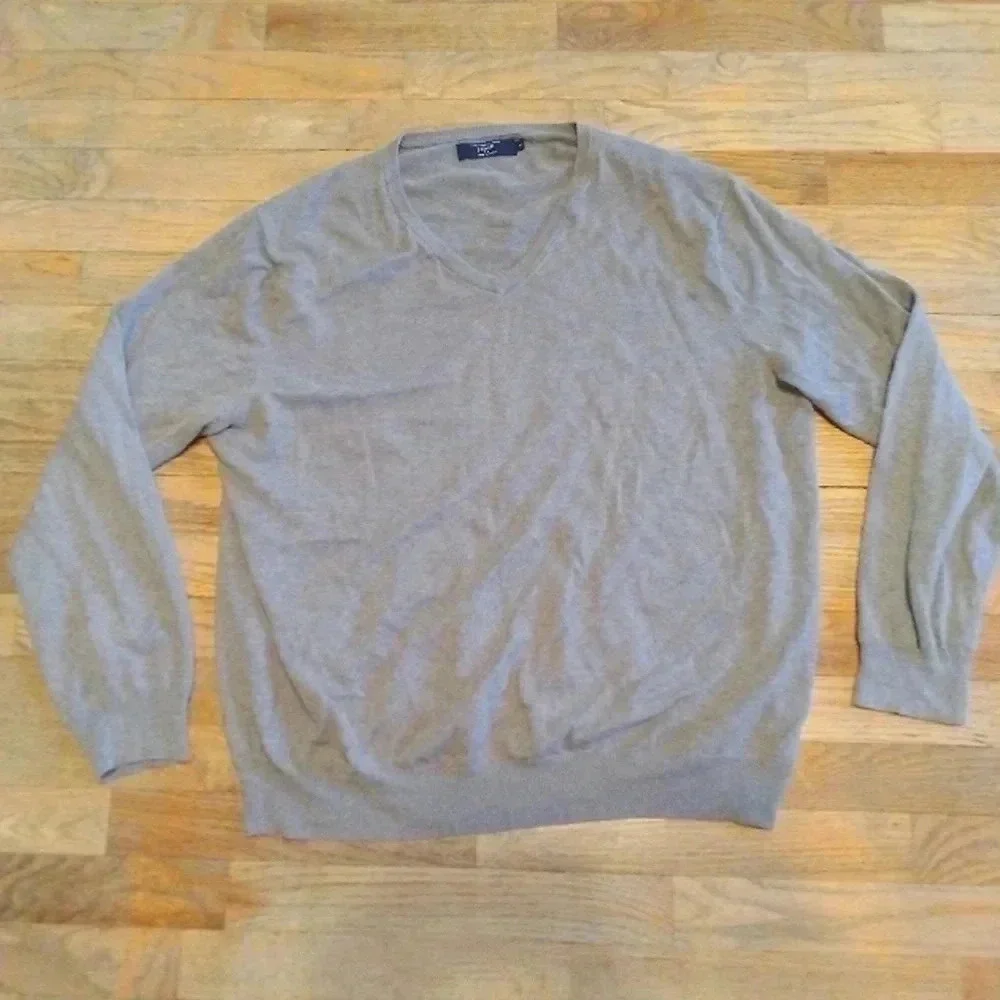 J. Crew Cashmere Cotton Lightweight Tan Light Brown Minimalist V Neck Sweater XL